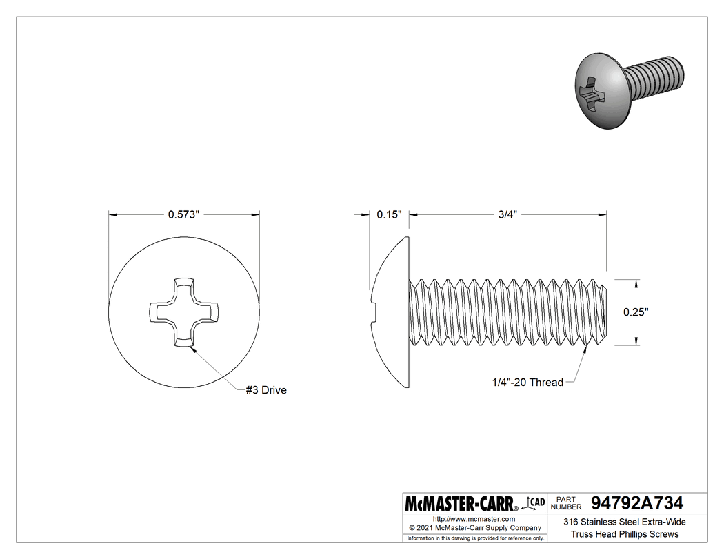 Technical Drawing of 316 Stainless Steel Extra-Wide Truss Head Phillips Screws, 1/4"-20 Thread, 3/4" Long.